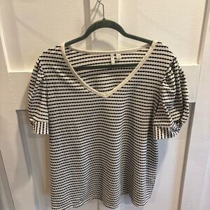 Cato Black and White Striped V-Neck Puff Sleeve Top